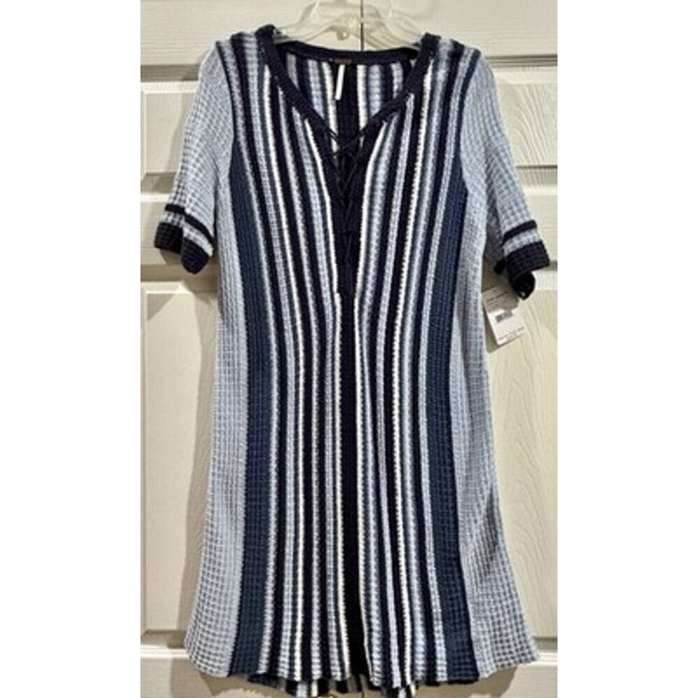 Free People Sunday Morning Sweater Womens Blue Striped Lace Up Waffle Knit Top